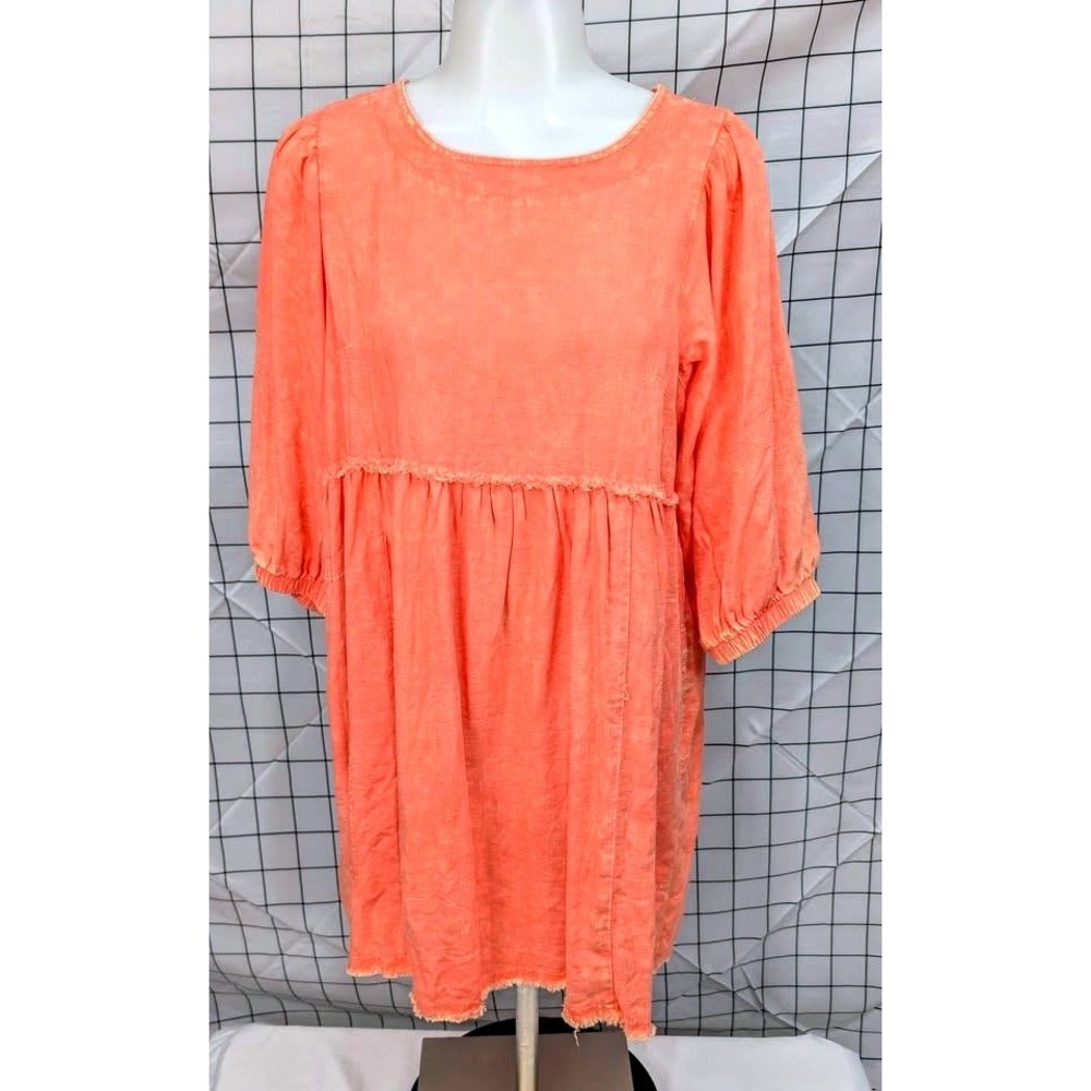 Zenana ~ Washed Linen ~ Pleated Puff Sleeve Babydoll Dress ~ Coral ~ Size Medium